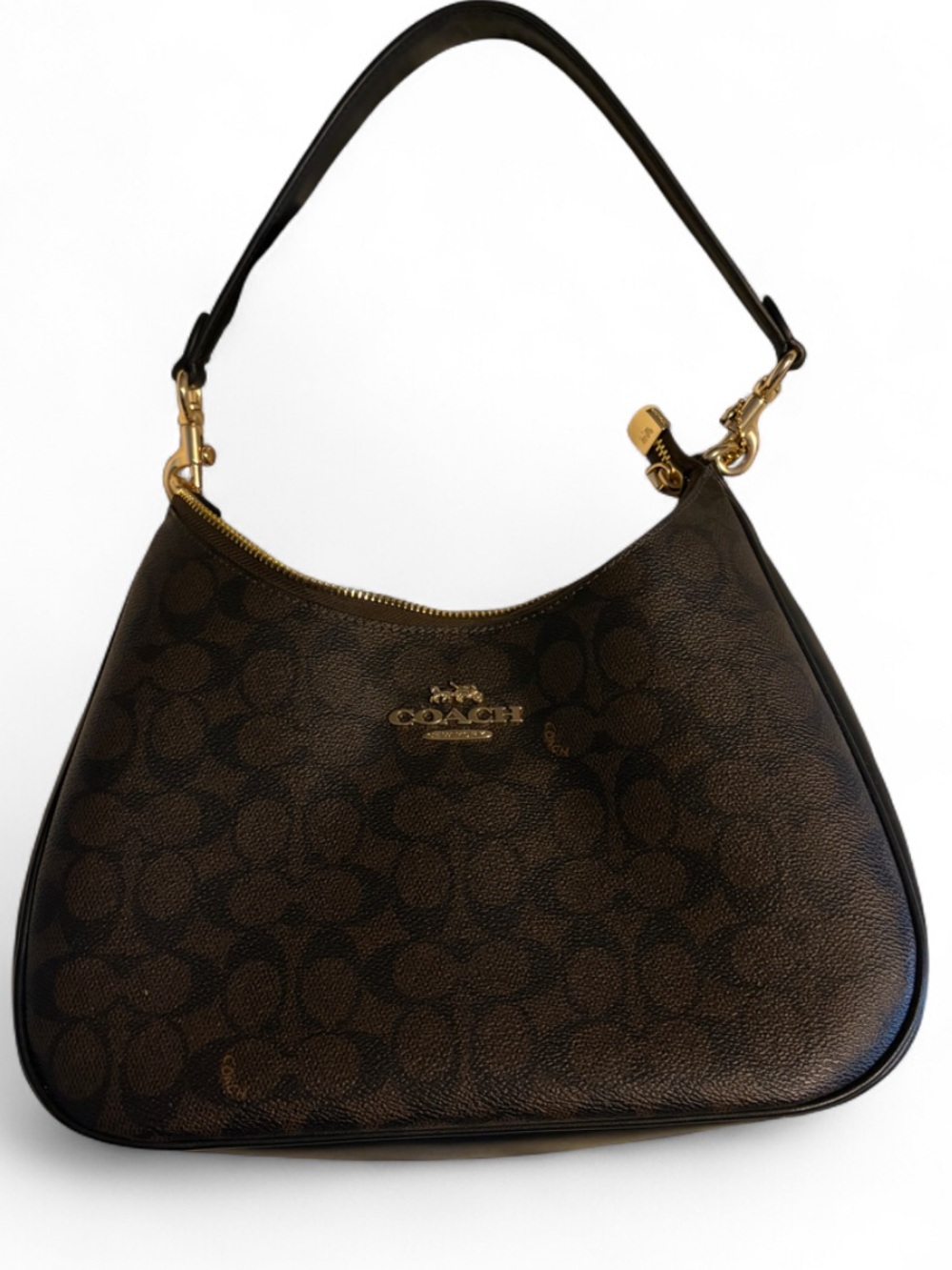 Coach Dark Brown Signature Canvas Shoulder Bag with Gold Hardware